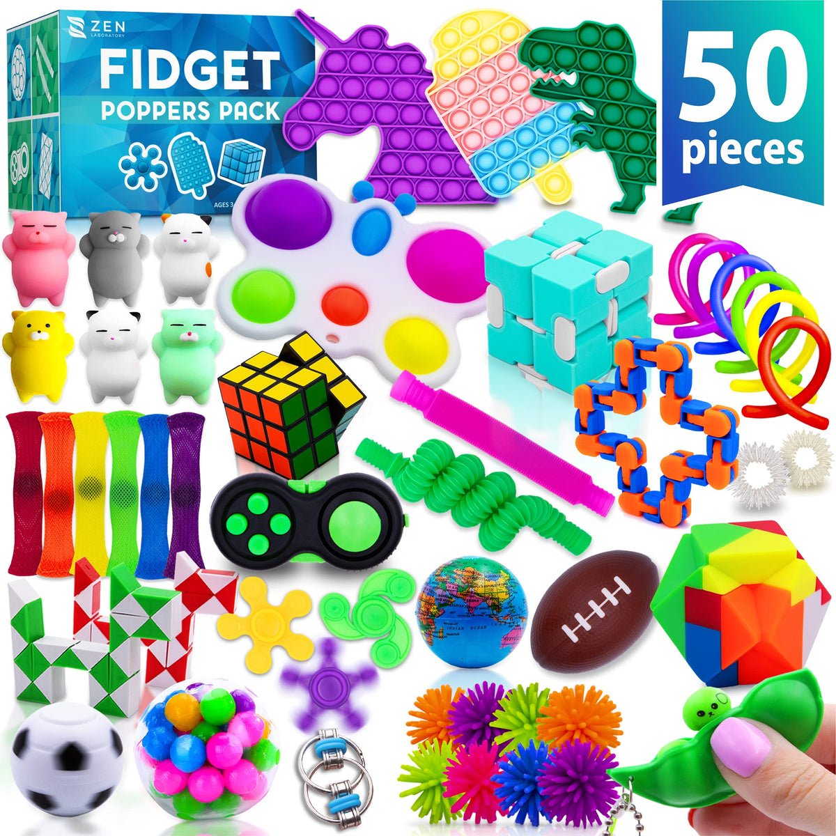 zen laboratory box front showing 50 fidget toys and value assortment