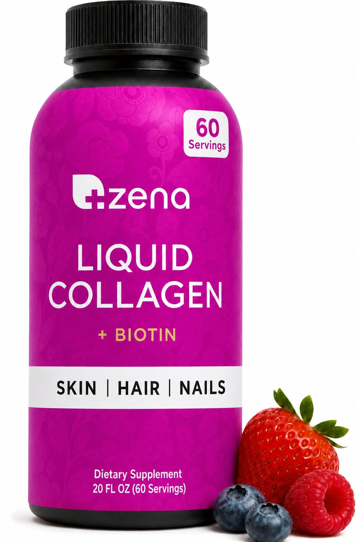 Zena Nutrition envase frontal mostrando etiquetas y sabor frutos rojos beneficio visibilidad