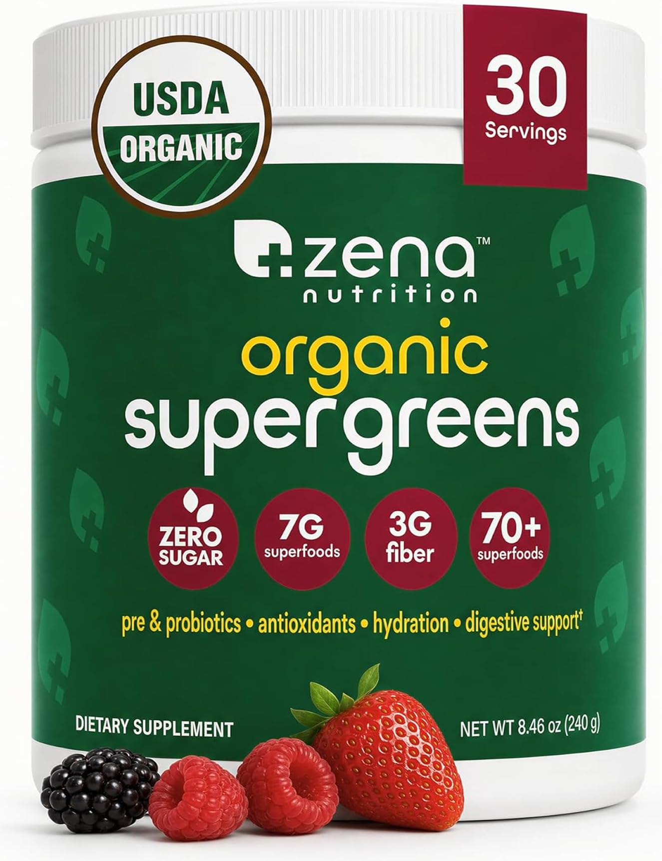 Zena Nutrition envase frontal mostrando etiqueta y beneficios orgánicos