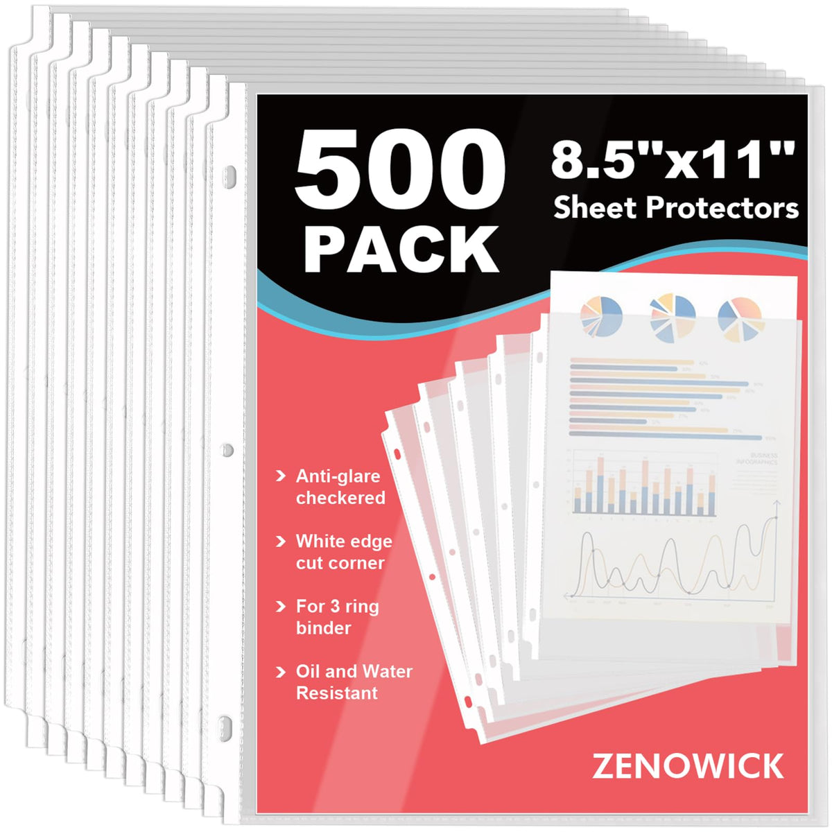 ZENOWICK frente del pack de 500 fundas, gran ahorro y protección