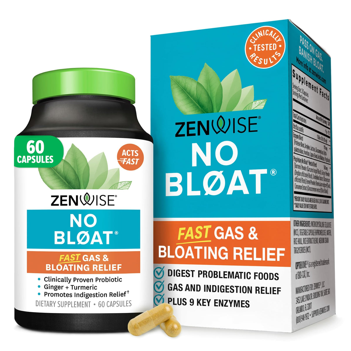 Zenwise Health frasco frontal mostrando 60 cápsulas para alivio de hinchazón