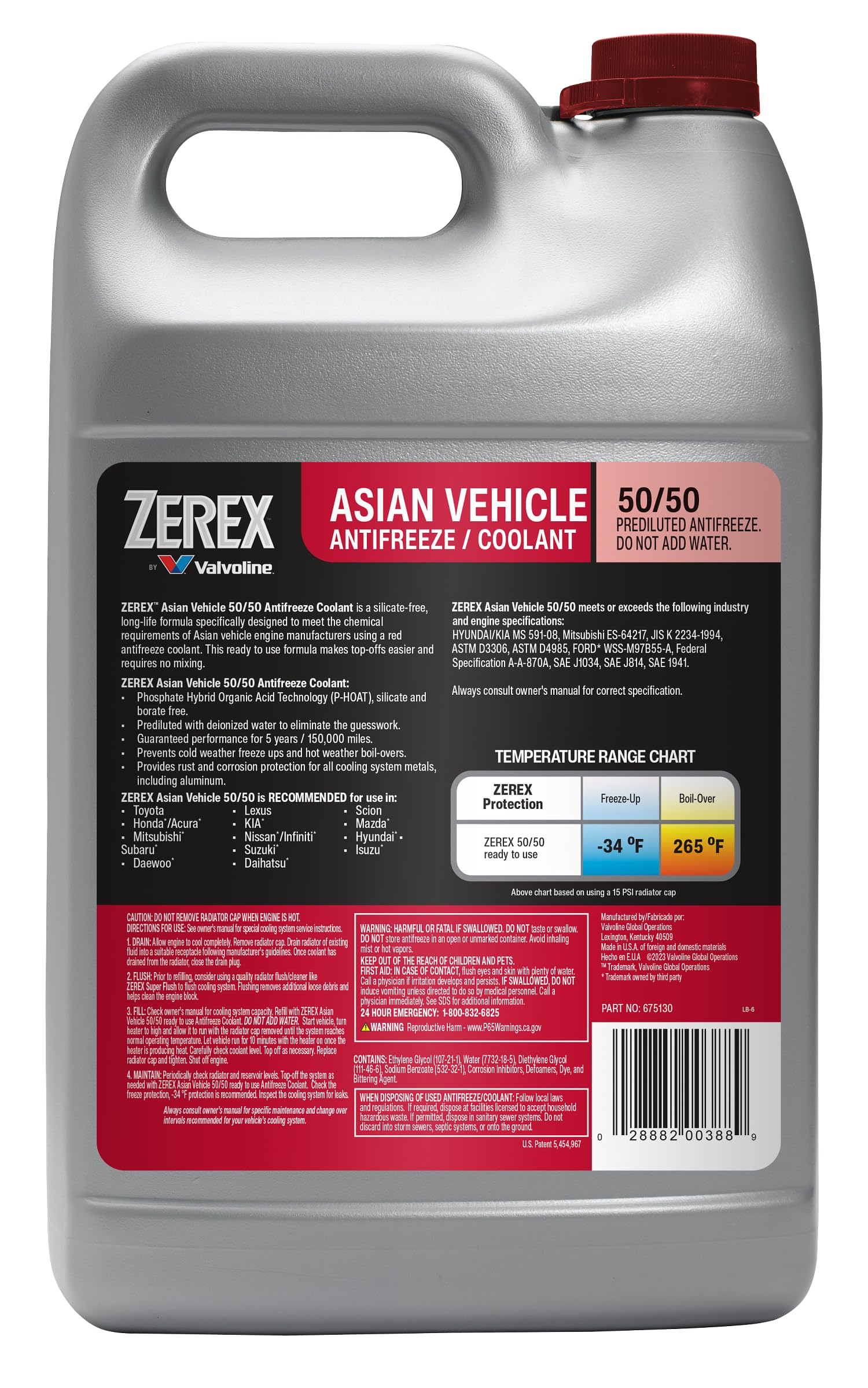 Zerex etiqueta con especificaciones técnica y compatibilidad OEM visible