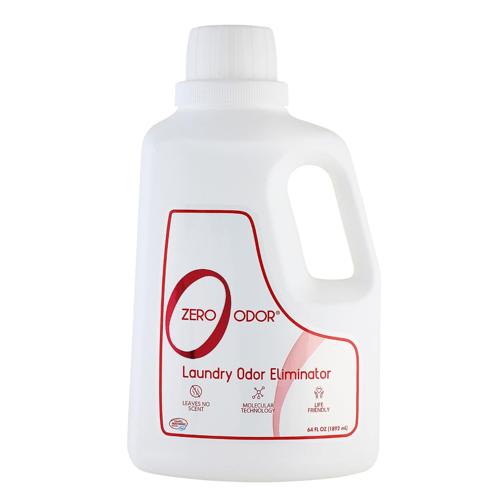 Zero Odor botella junto a ropa para comparar tamaño y cantidad para múltiples lavados