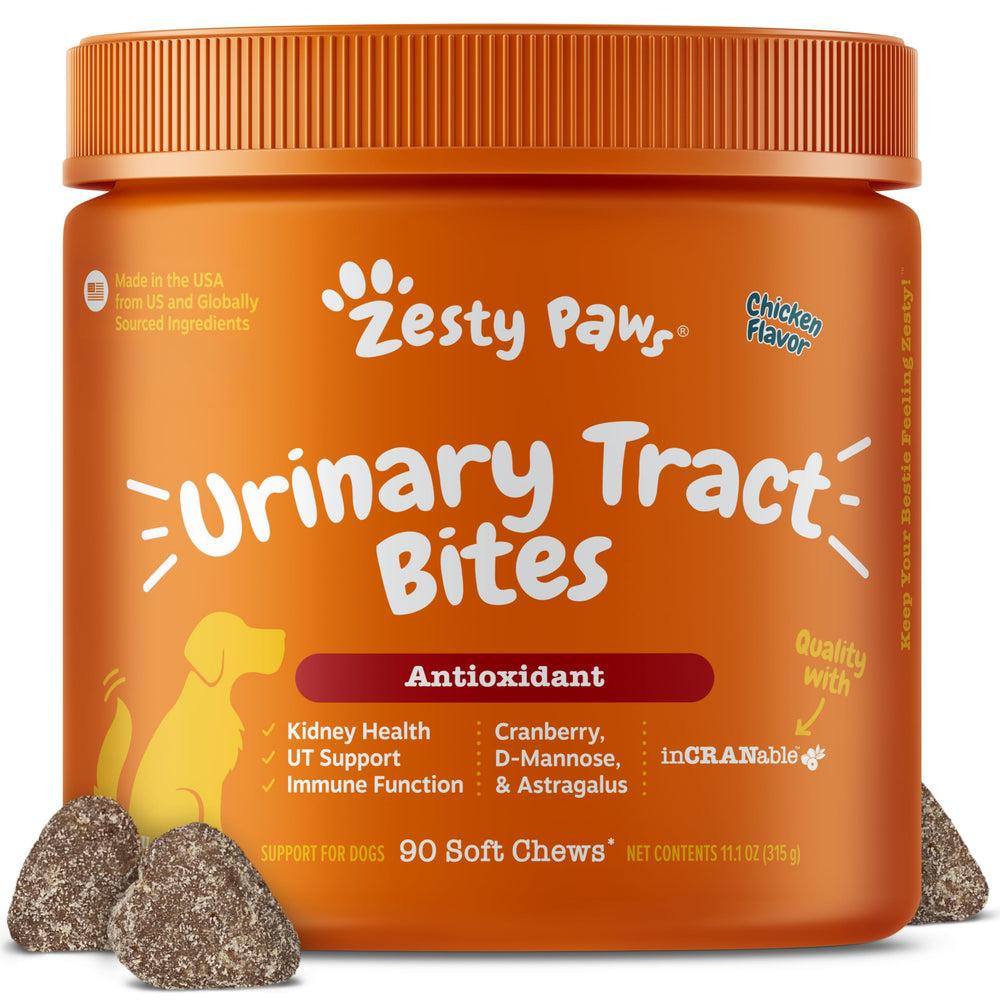 Zesty Paws front pack showing product and chicken flavor benefit