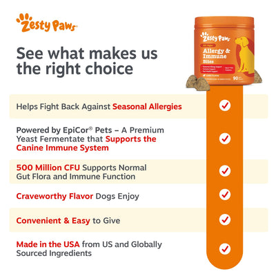 Dog enjoying Zesty Paws chew demonstrating tasty support for skin comfort