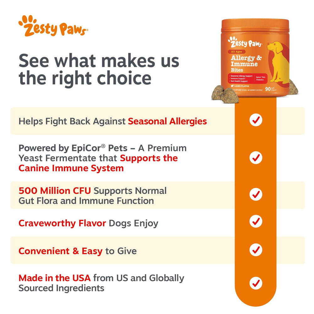 Dog enjoying Zesty Paws chew demonstrating tasty support for skin comfort
