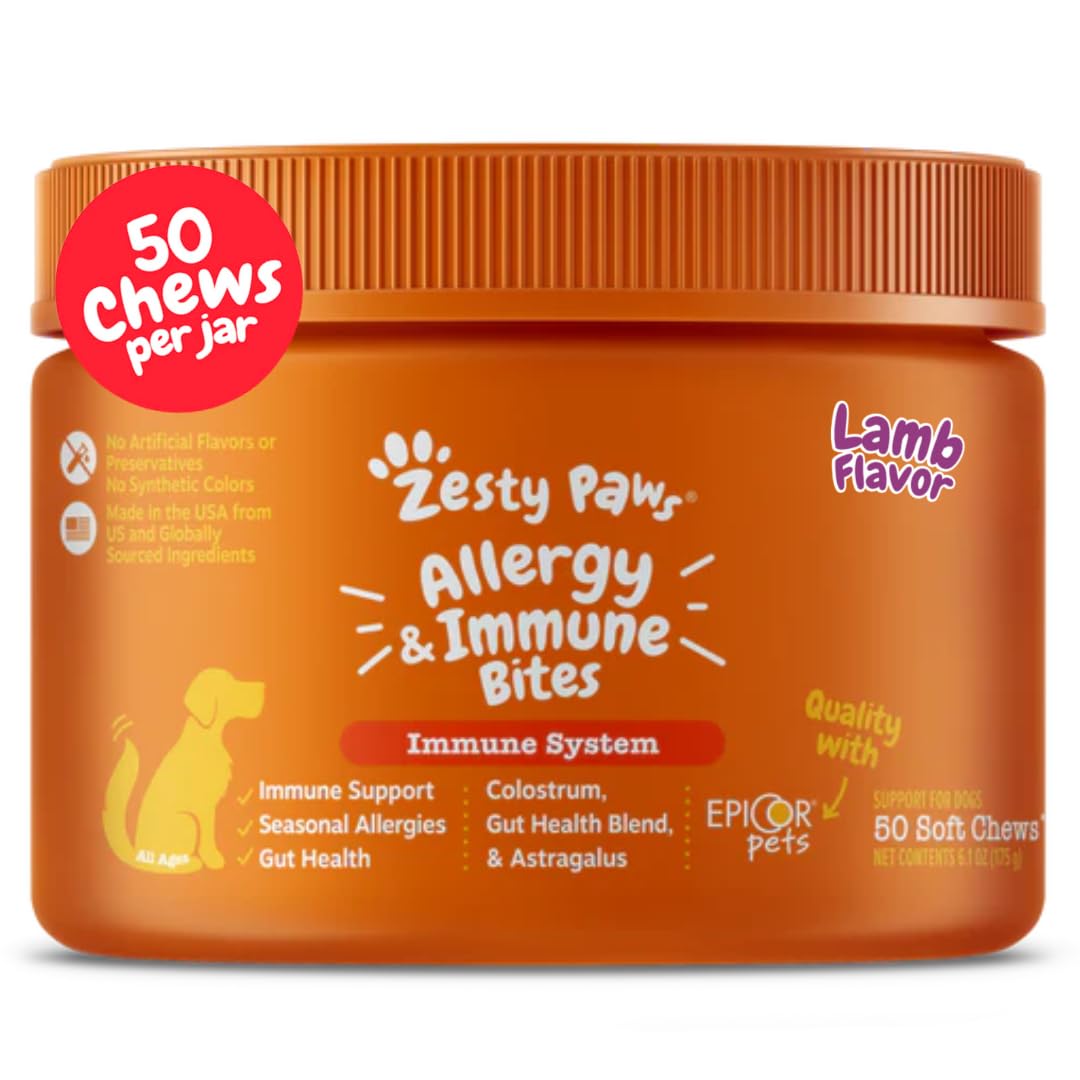Zesty Paws frasco delante mostrando etiqueta y cantidad 50 ct y facilidad de uso