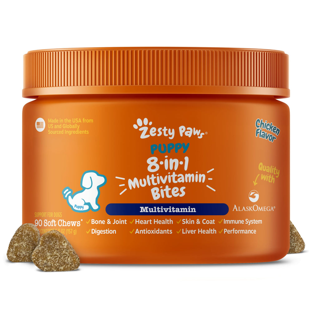 Zesty Paws frente del empaque mostrando 90 unidades y beneficios clave
