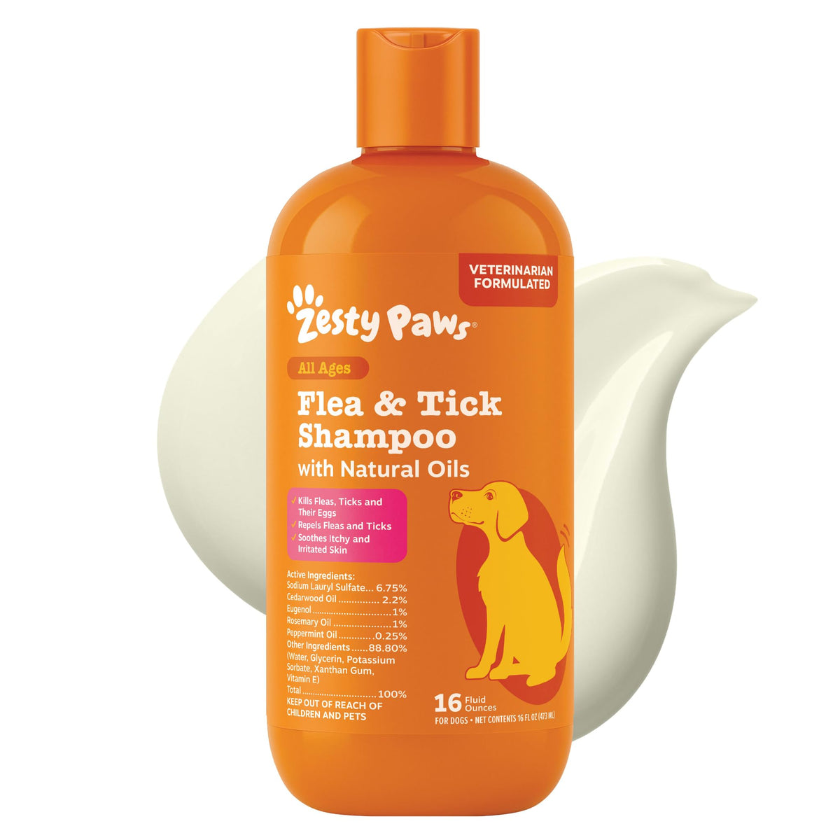 Zesty Paws frente del envase mostrando formato de 16 oz y beneficio limpiador