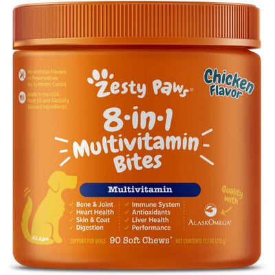 Zesty Paws front packaging showing bottle and 90-count chews benefiting daily support