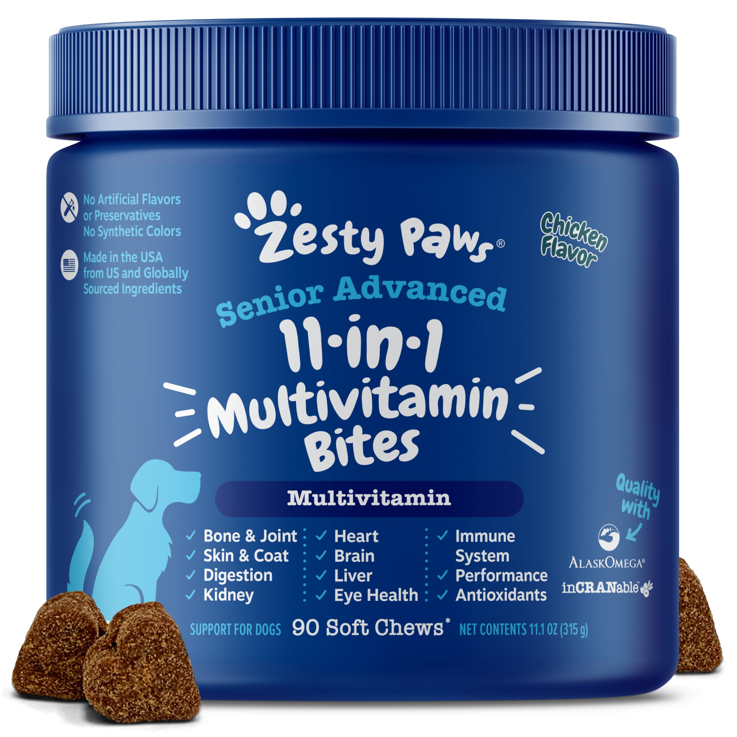 Zesty Paws envase frontal mostrando 90 masticables, facilita la administración diaria