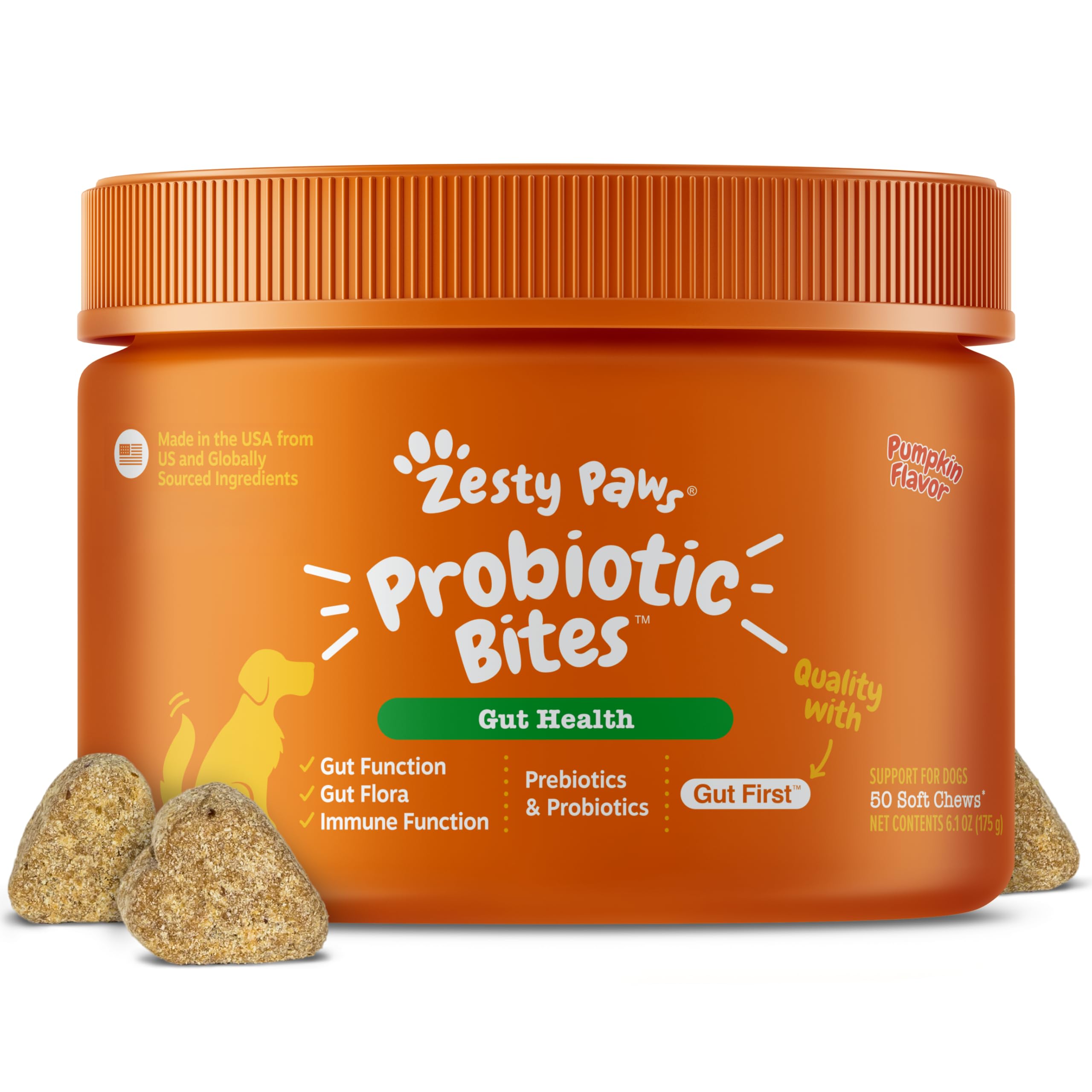 Zesty Paws envase frontal mostrando 50 gomitas y beneficios digestivos