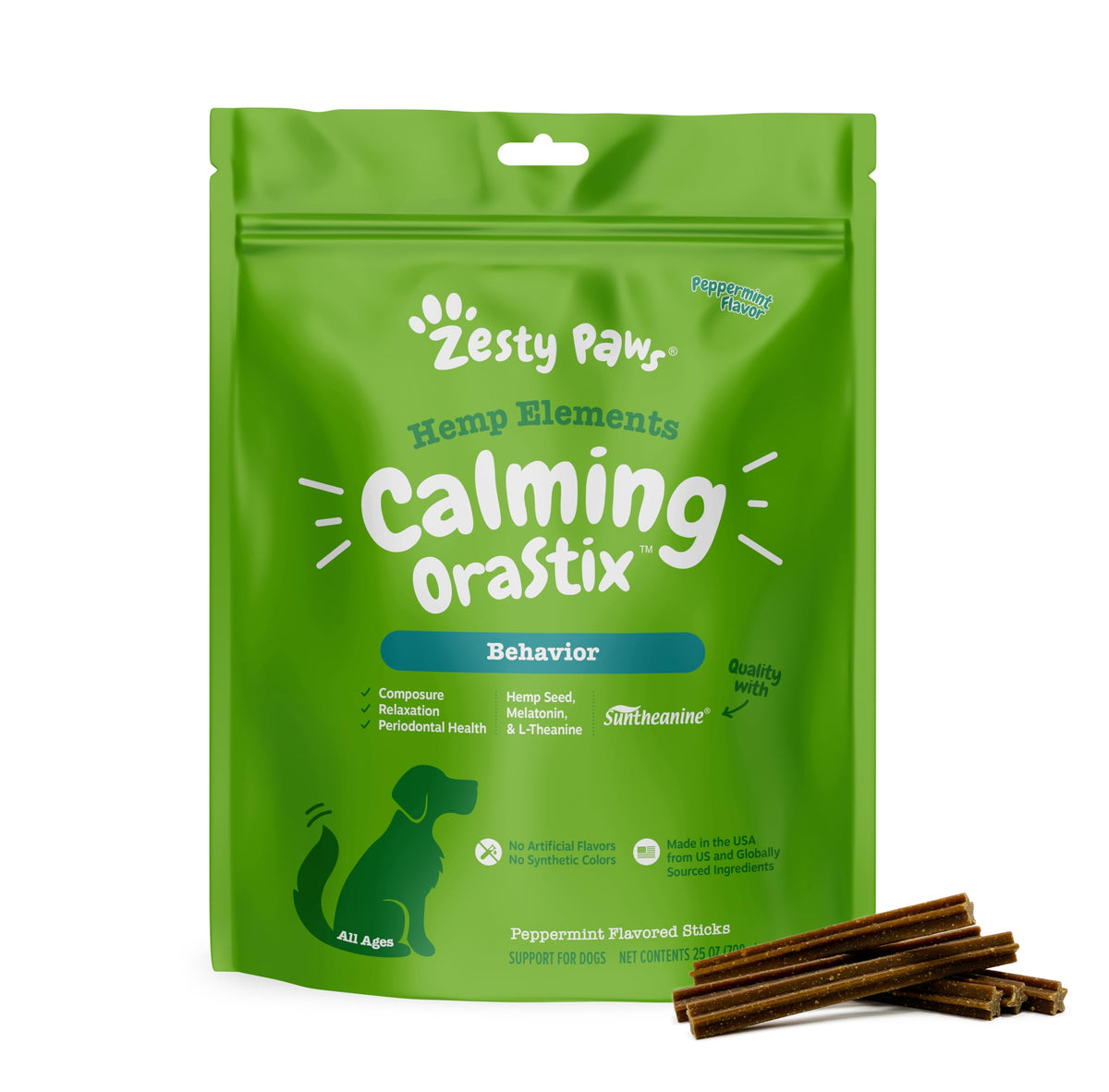 Zesty Paws tub front view showing label and peppermint flavor benefit