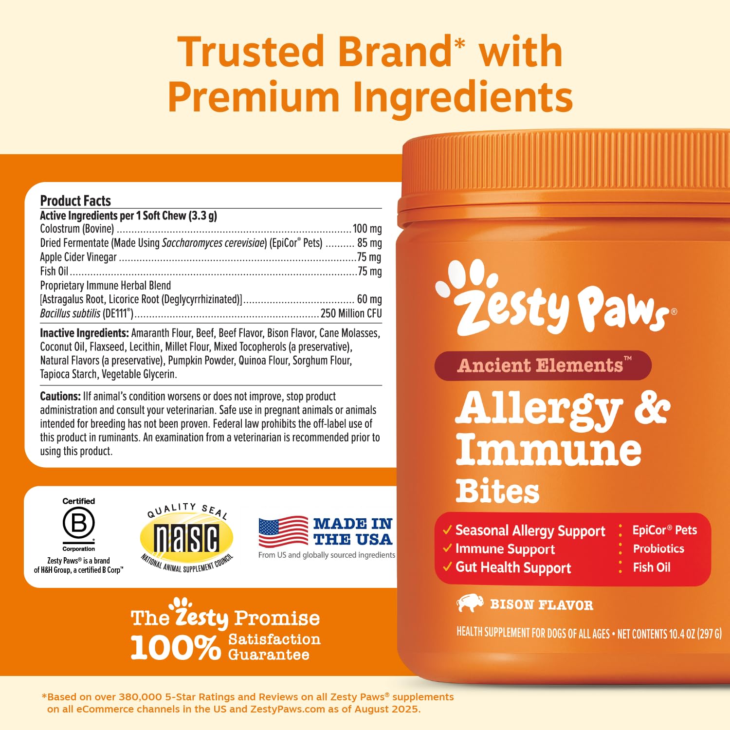 Zesty Paws salmon oil visual emphasizing EPA and DHA omega-3s for skin and coat support