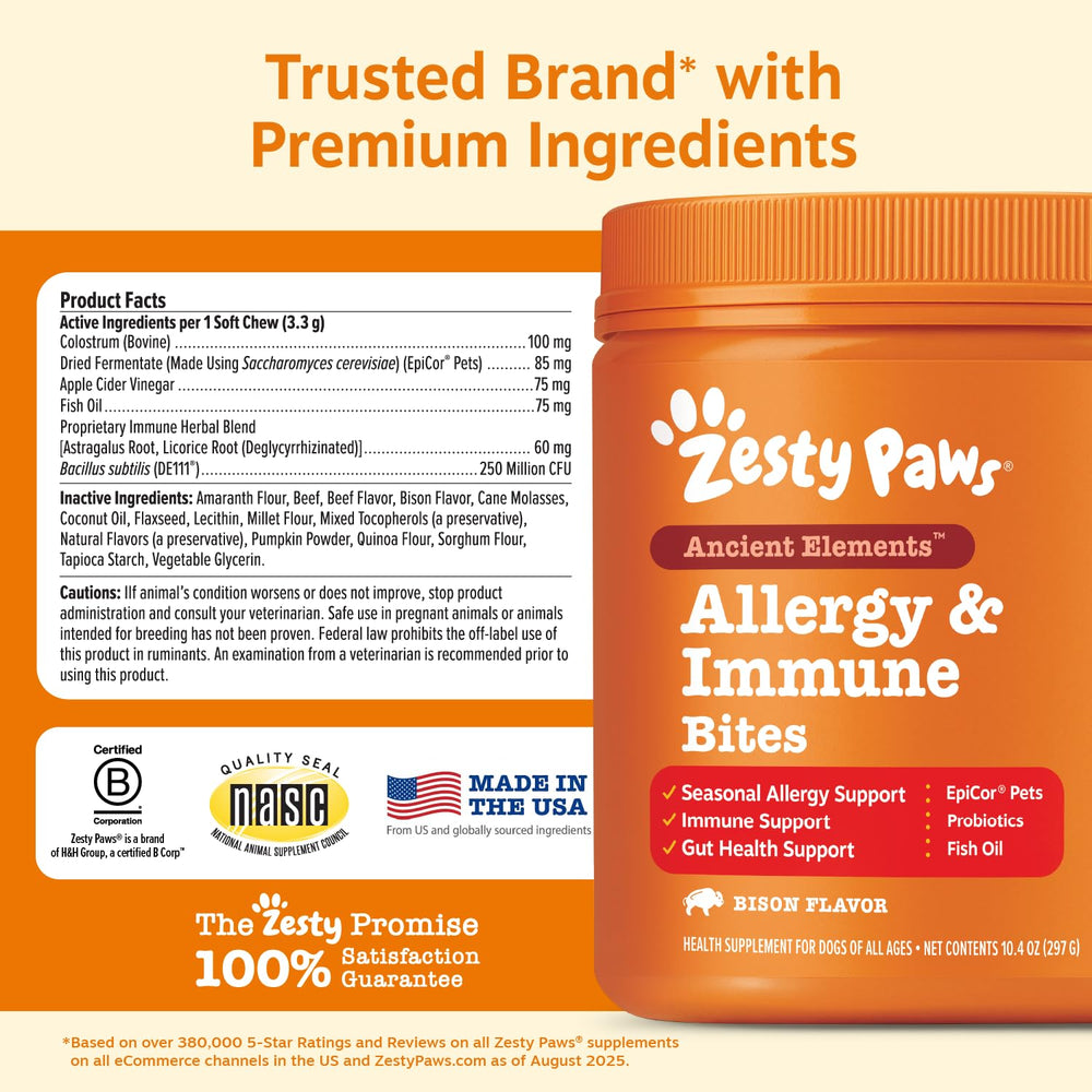 Zesty Paws salmon oil visual emphasizing EPA and DHA omega-3s for skin and coat support