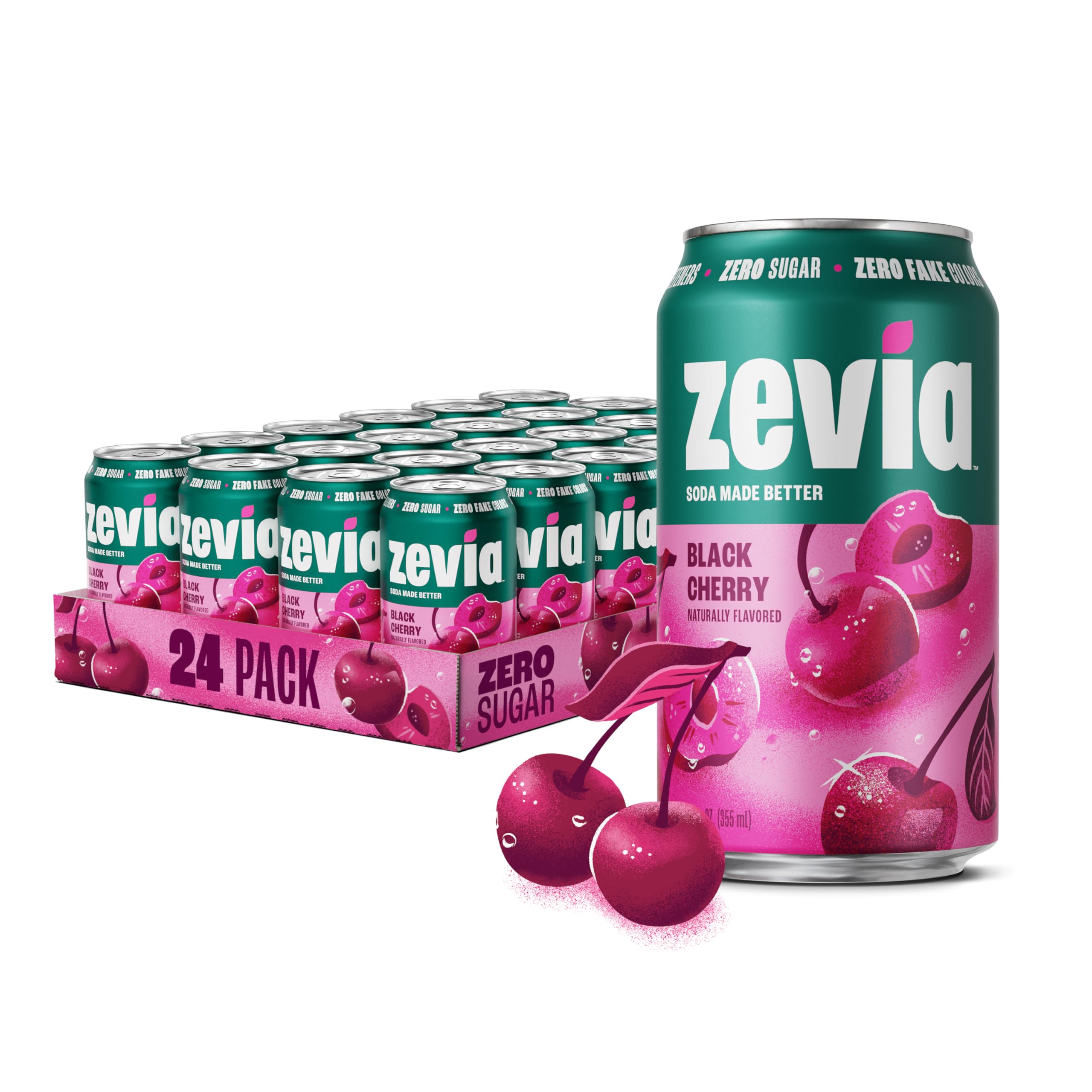 Zevia lata frontal con diseño claro mostrando cerezas, refresca sin azúcar
