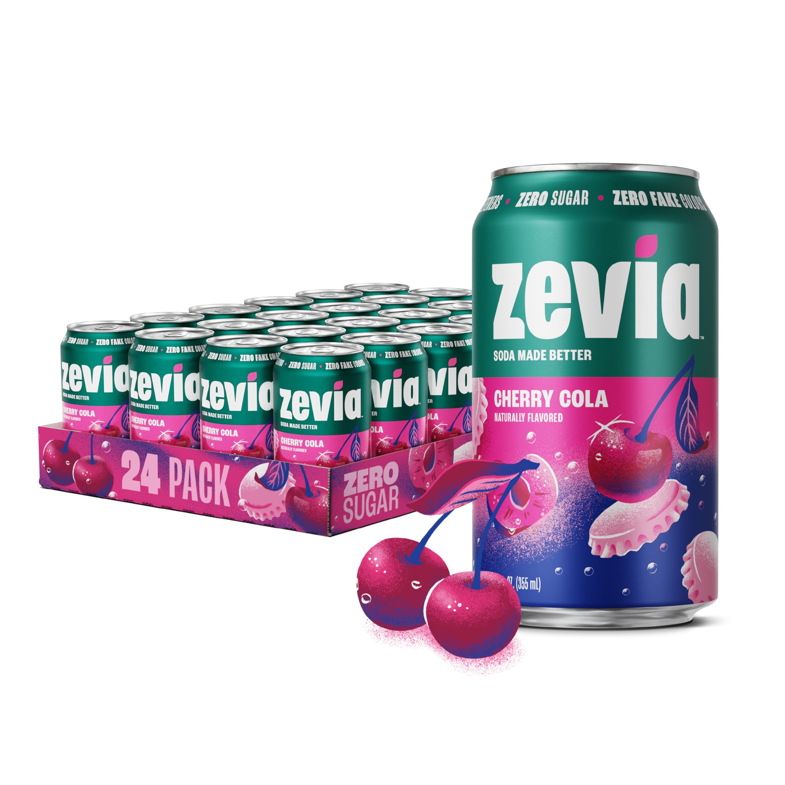 Zevia Cherry Cola frente del empaque mostrando el pack de 24 latas, ideal para reuniones