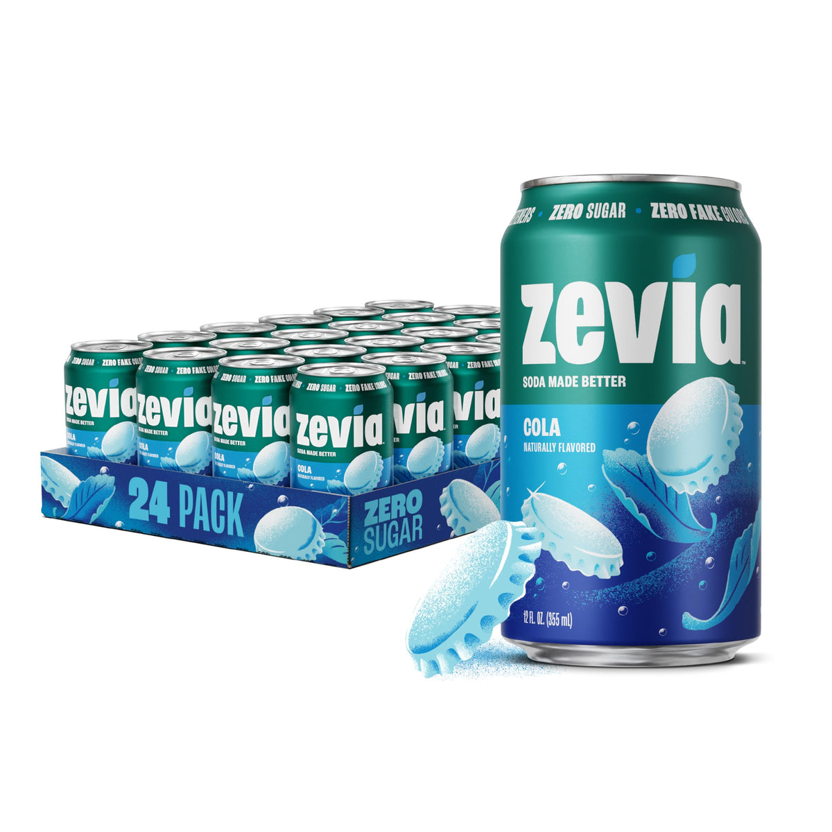 Zevia cola lata frontal mostrando diseño y efecto refrescante