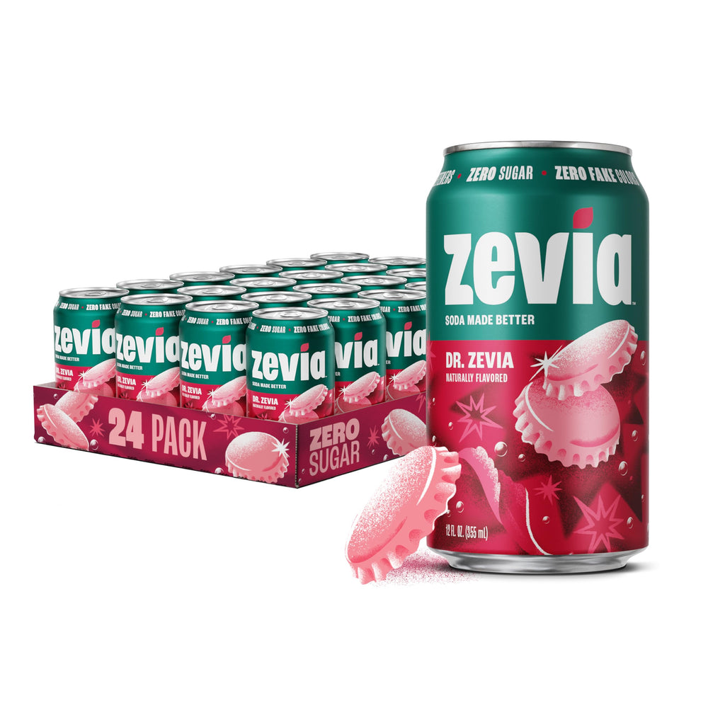 Zevia Dr. Zevia lata frontal mostrando diseño y sabor claro