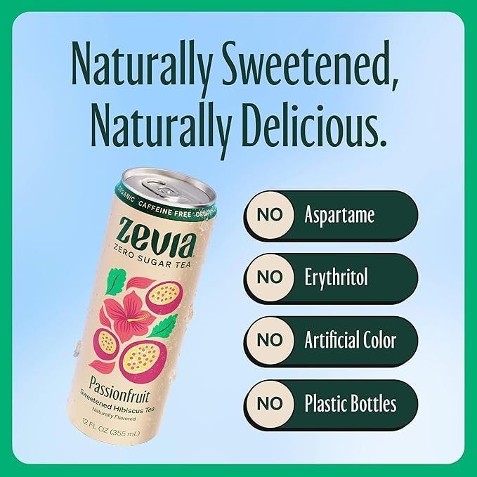 Zevia lata en mano para comparar tamaño 12 oz y facilidad de transporte