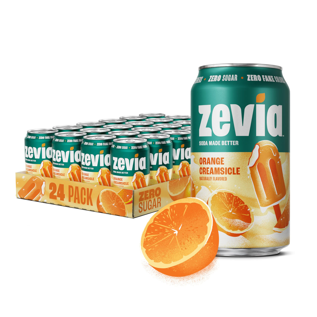 Zevia lata frontal mostrando diseño y sabor naranja crema, ideal para disfrutar
