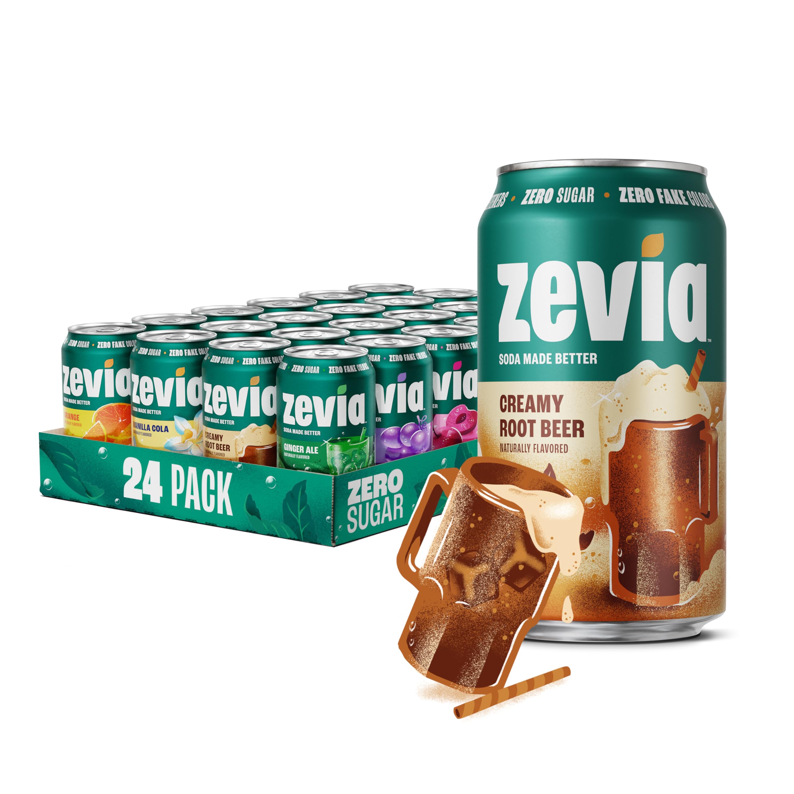 Zevia pack frontal mostrando las 24 latas y variedad de sabores, ideal para eventos