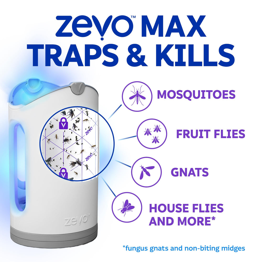 zevo MAX six refills assembled beside base showing brand long-lasting supply
