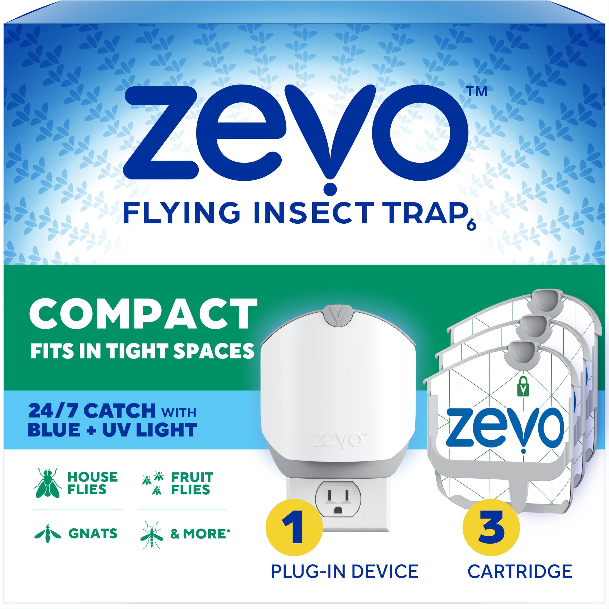 ZEVO vista frontal de la trampa compacta mostrando diseño discreto y beneficios