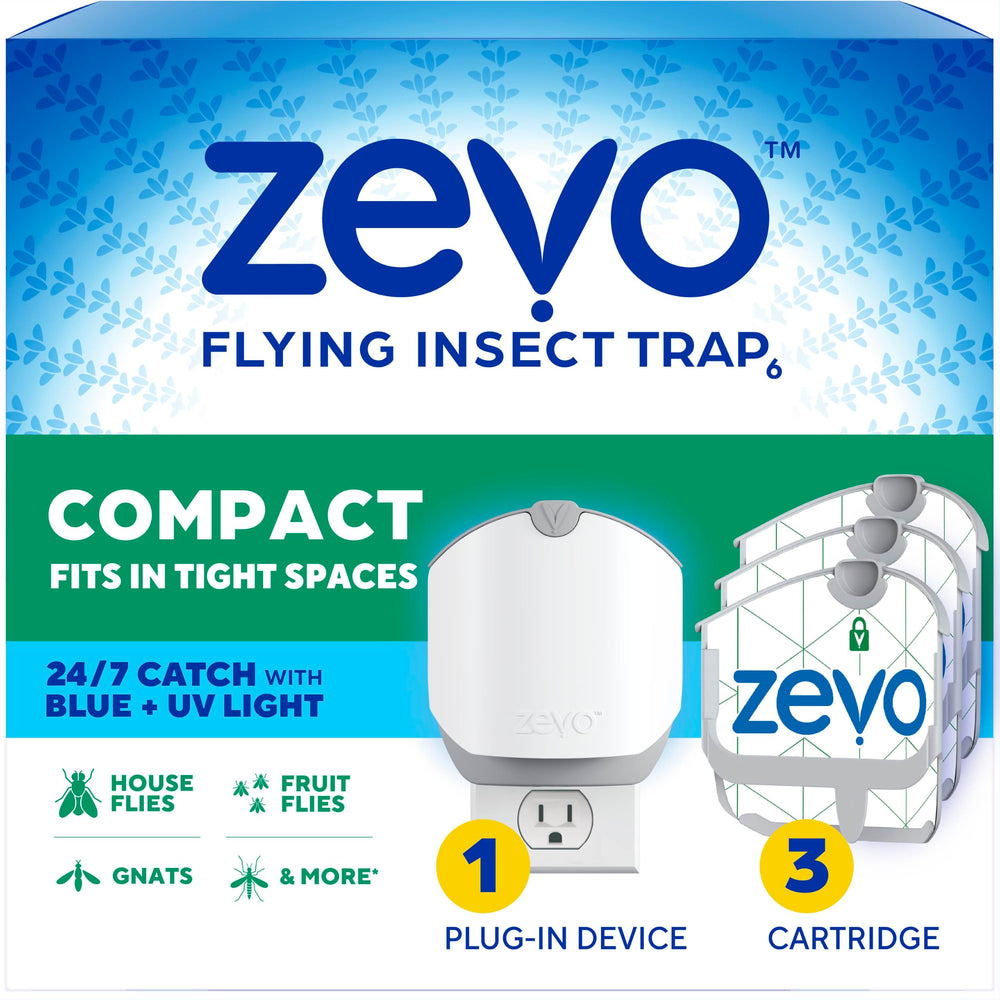 ZEVO vista frontal de la trampa compacta mostrando diseño discreto y beneficios