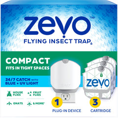 ZEVO vista frontal de la trampa compacta mostrando diseño discreto y beneficios