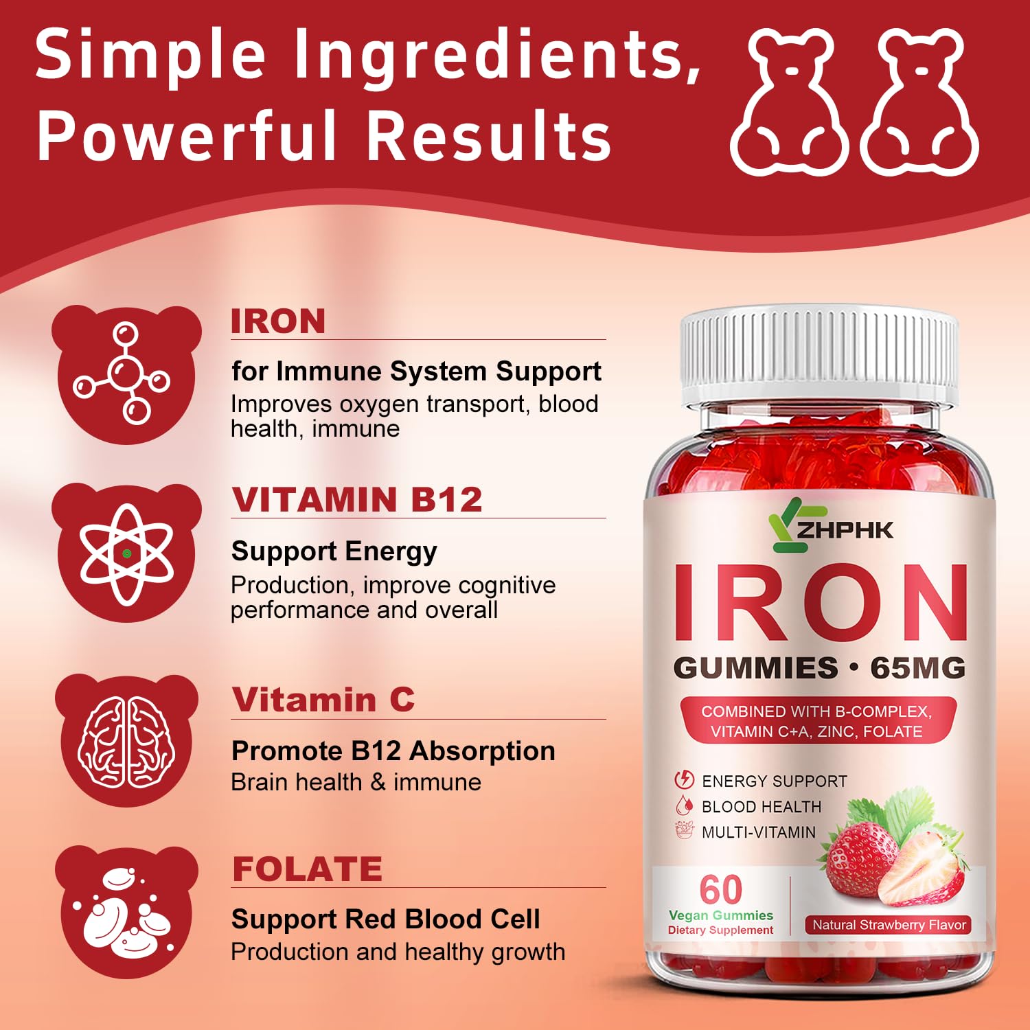 Etiqueta de ingredientes y tabla nutricional ZHPHK con hierro, folato y vitamina C