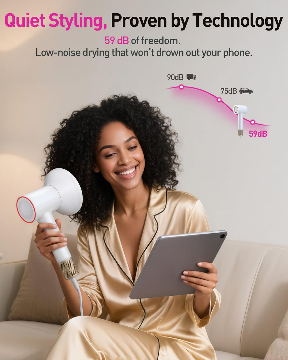 Zibtes in use in bathroom setting illustrating quiet operation and efficiency