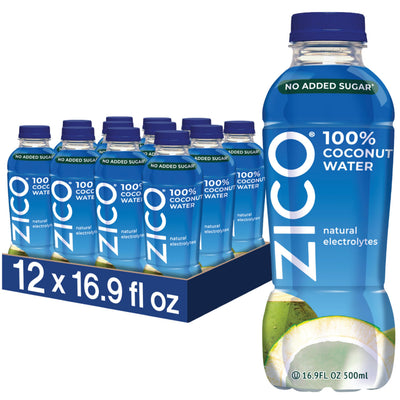 ZICO front pack shot showing 12 bottles with clean hydration appeal
