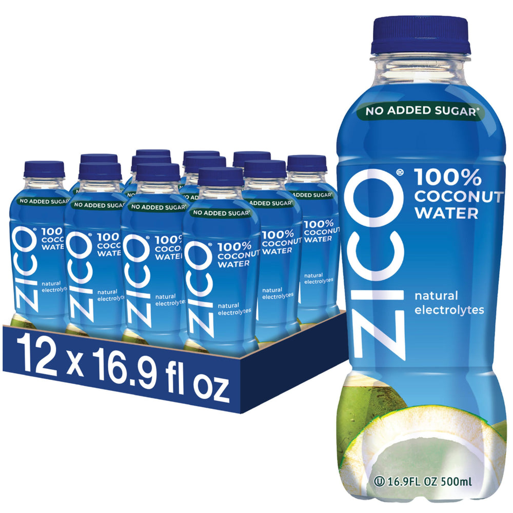 ZICO front pack shot showing 12 bottles with clean hydration appeal