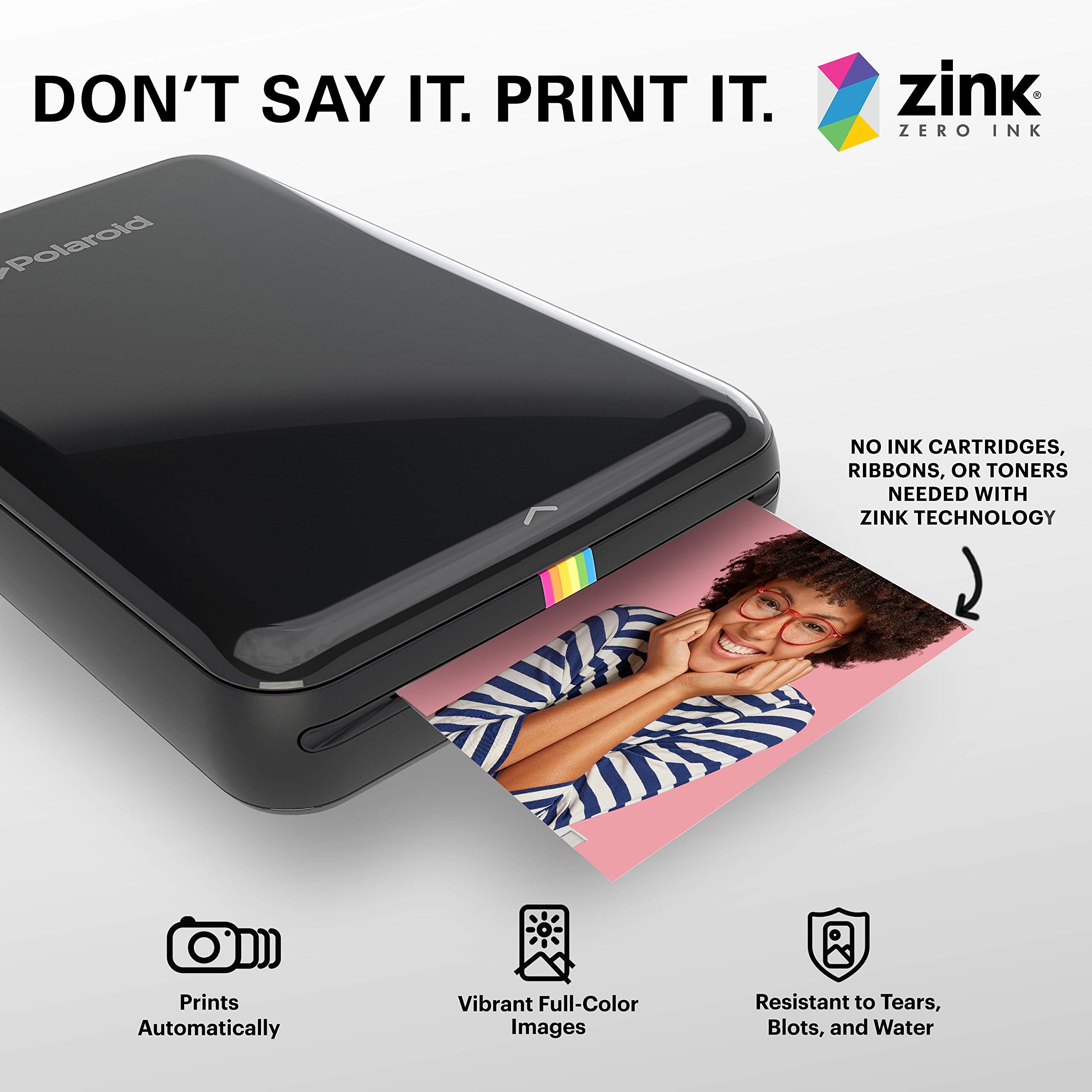 Zink comparación de tamaño 2x3 con mano y etiqueta de compatibilidad