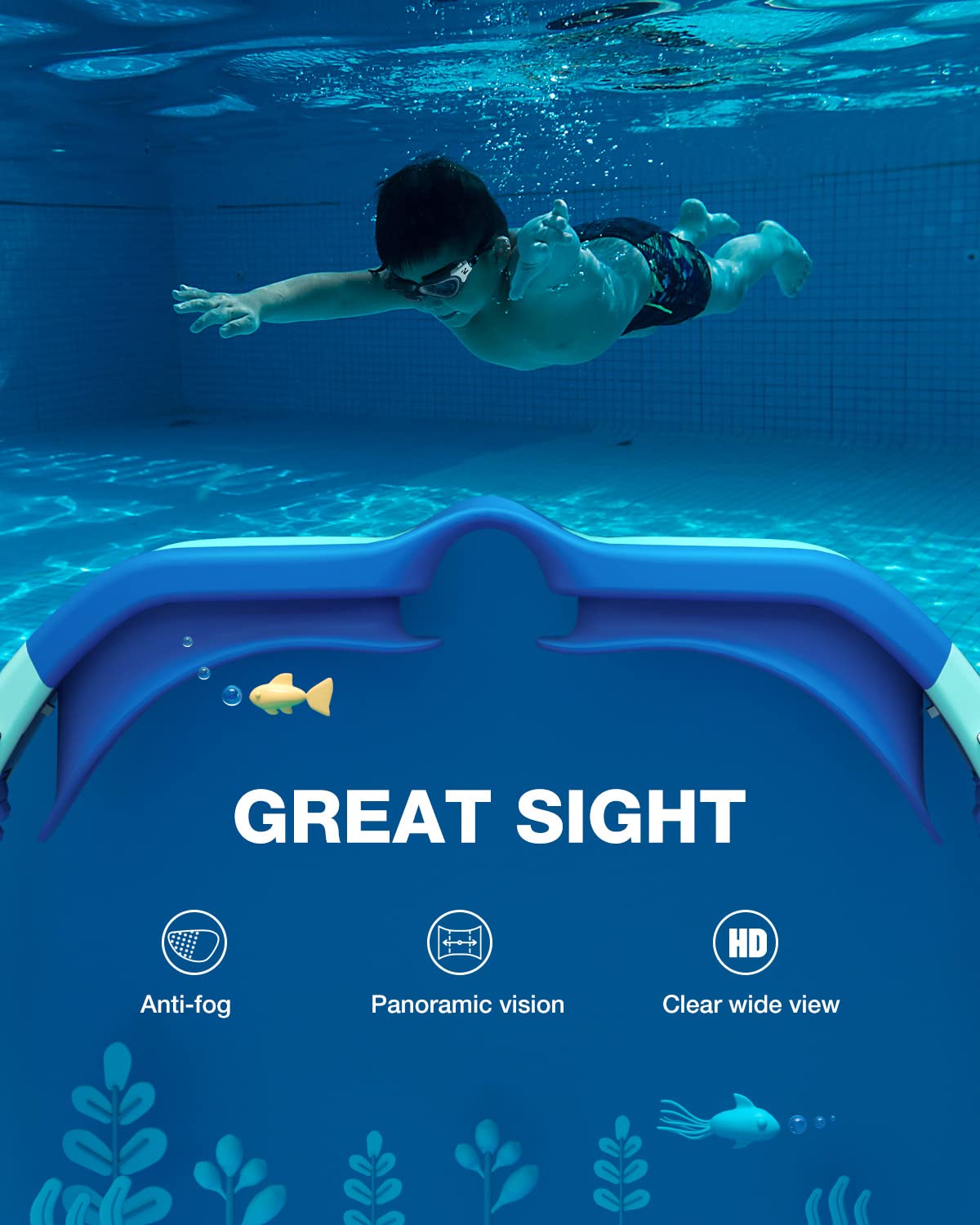 ZIONOR niño usando gafas en piscina mostrando visión sin vaho