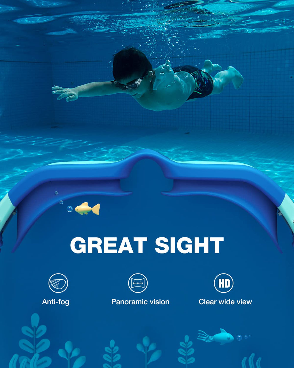 ZIONOR niño usando gafas en piscina mostrando visión sin vaho