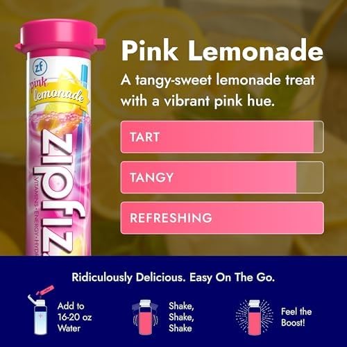 Vaso con la bebida Zipfizz Pink Lemonade servida, sabor refrescante