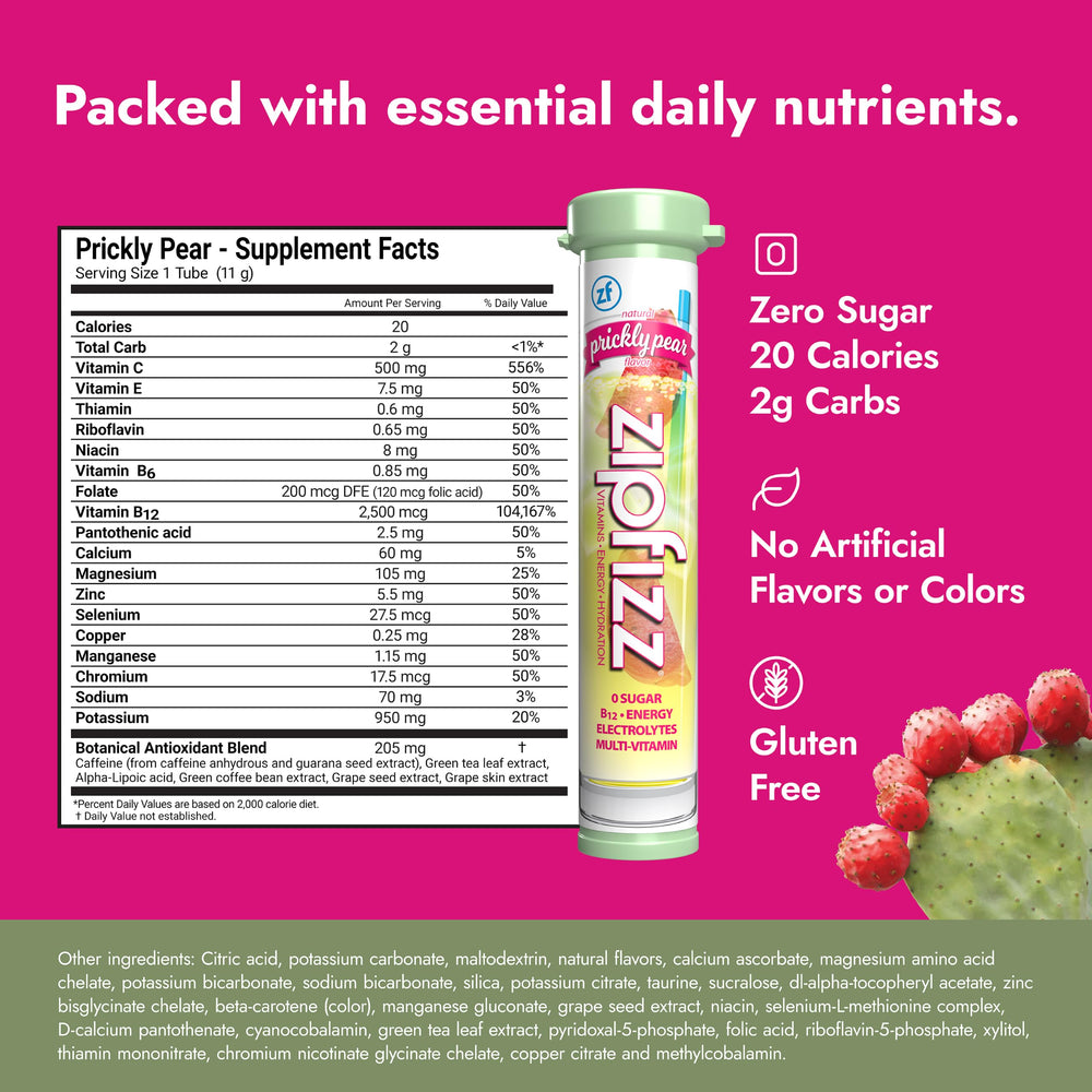 Zipfizz etiqueta nutricional ampliada, muestra vitaminas y electrolitos