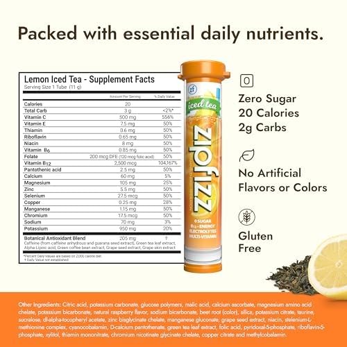 Zipfizz etiqueta nutricional enfocada en vitaminas y electrolitos claros
