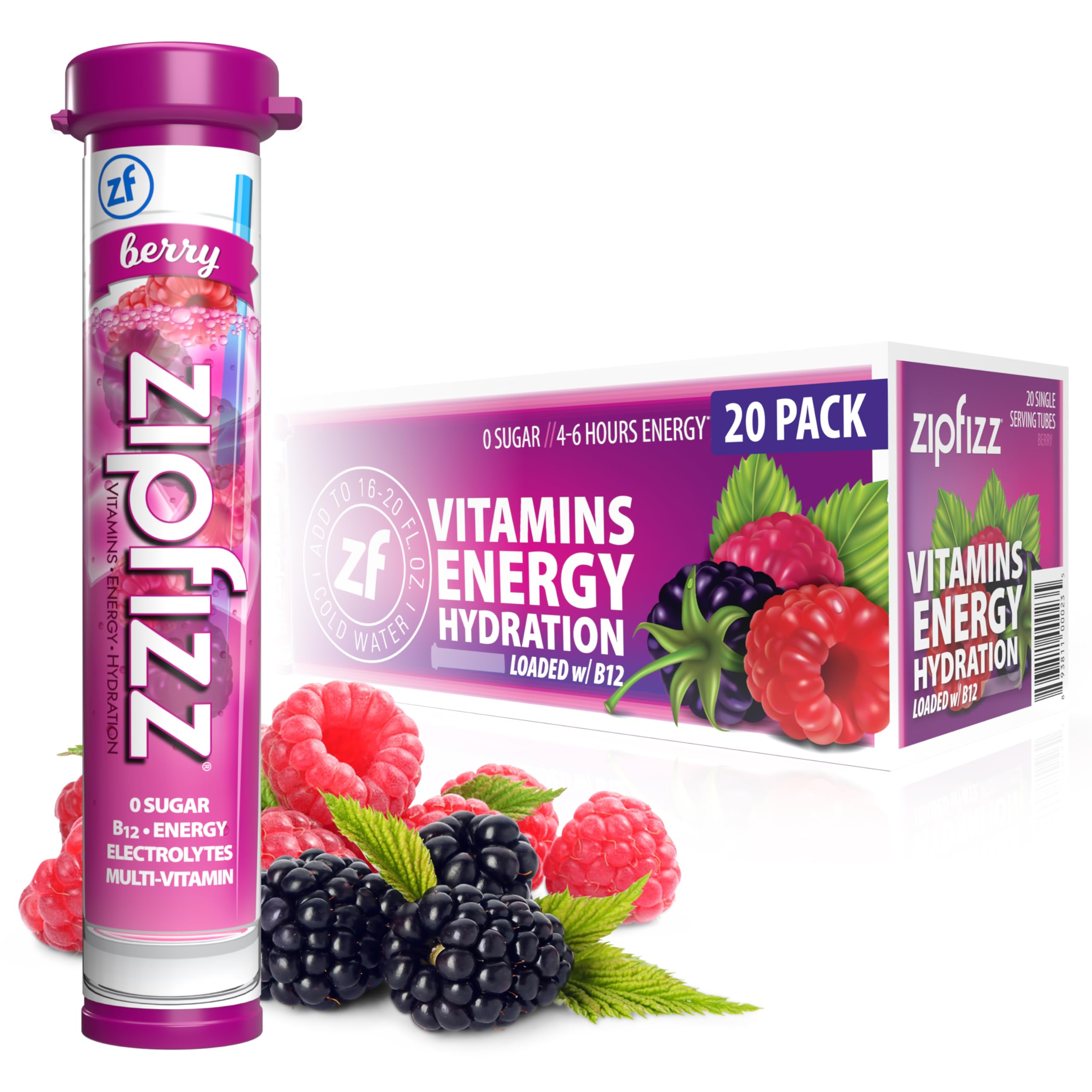 Zipfizz empaque frontal berry mostrando 20 sobres y beneficio de energía portátil