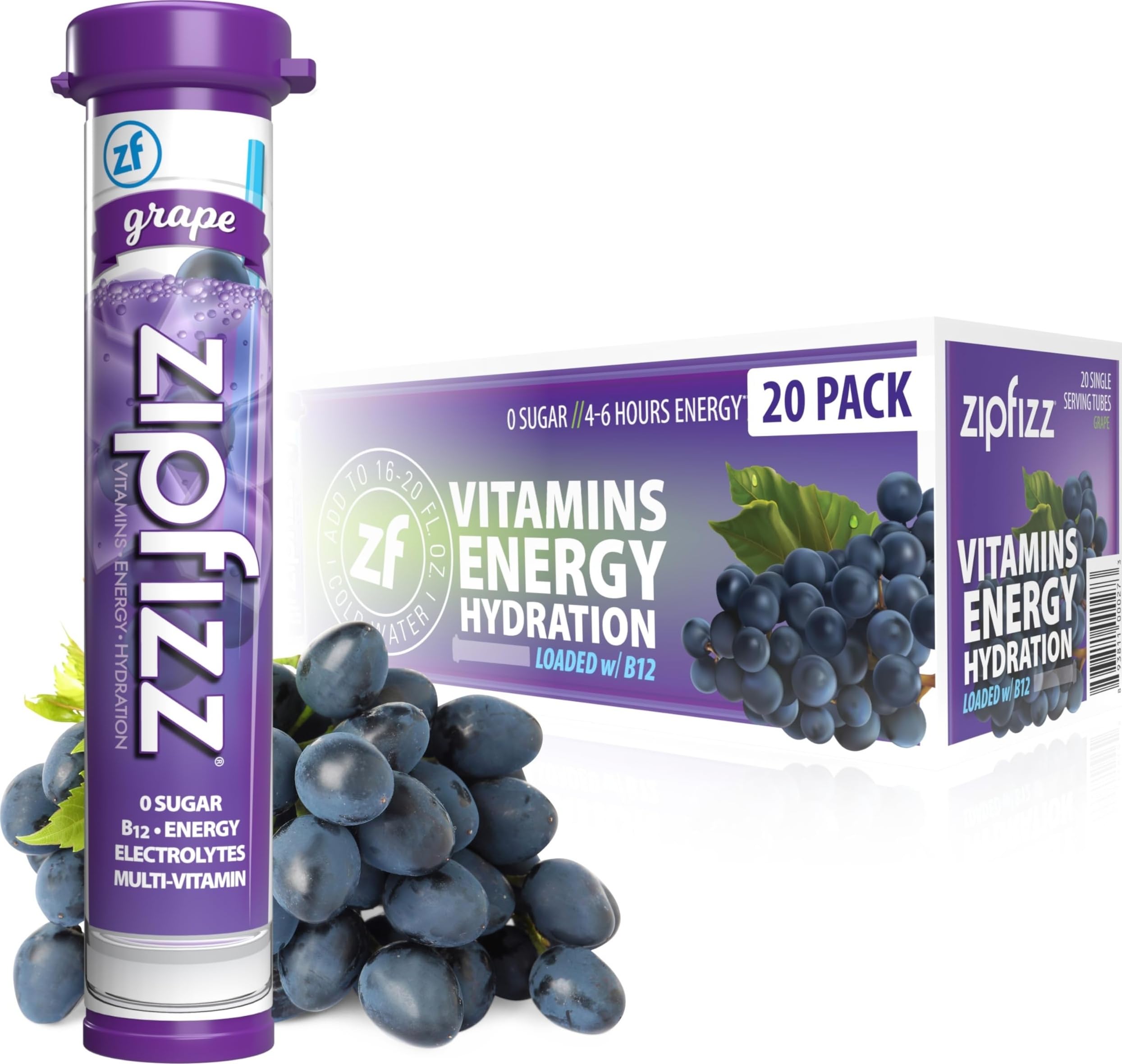 zipfizz empaque frontal uva mostrando sobres y beneficios instantáneos