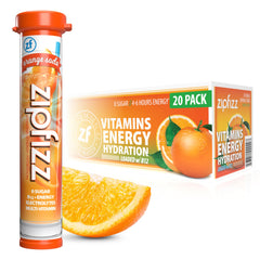 Zipfizz empaque frontal Orange Soda mostrando diseño y beneficios
