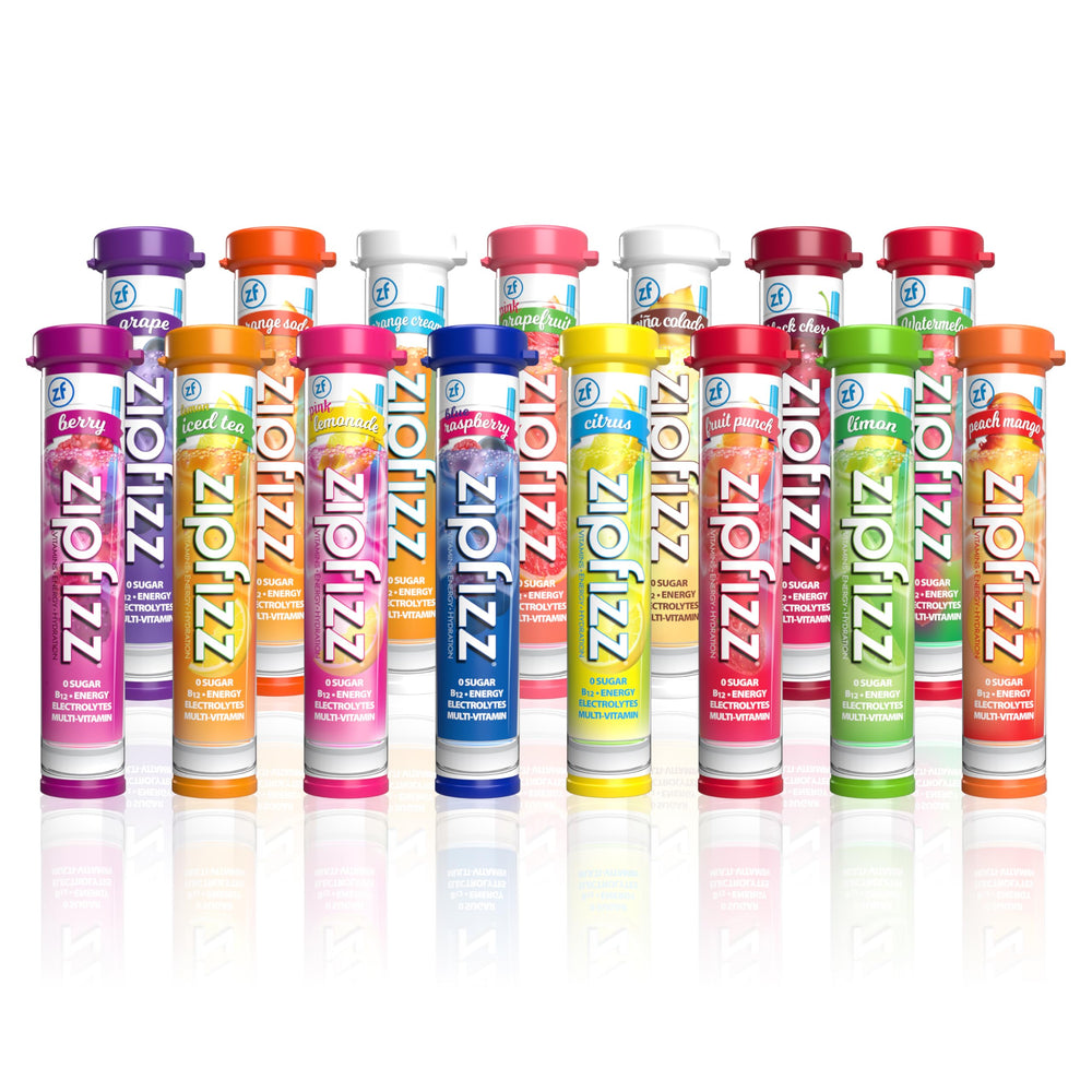 Zipfizz frente del empaque variedad mostrando 15 sobres y conveniencia