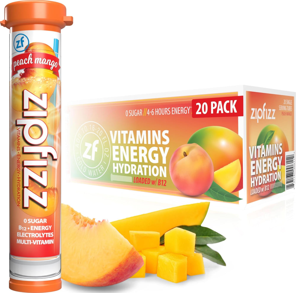 Zipfizz frente del empaque Peach Mango mostrando cantidad y beneficio