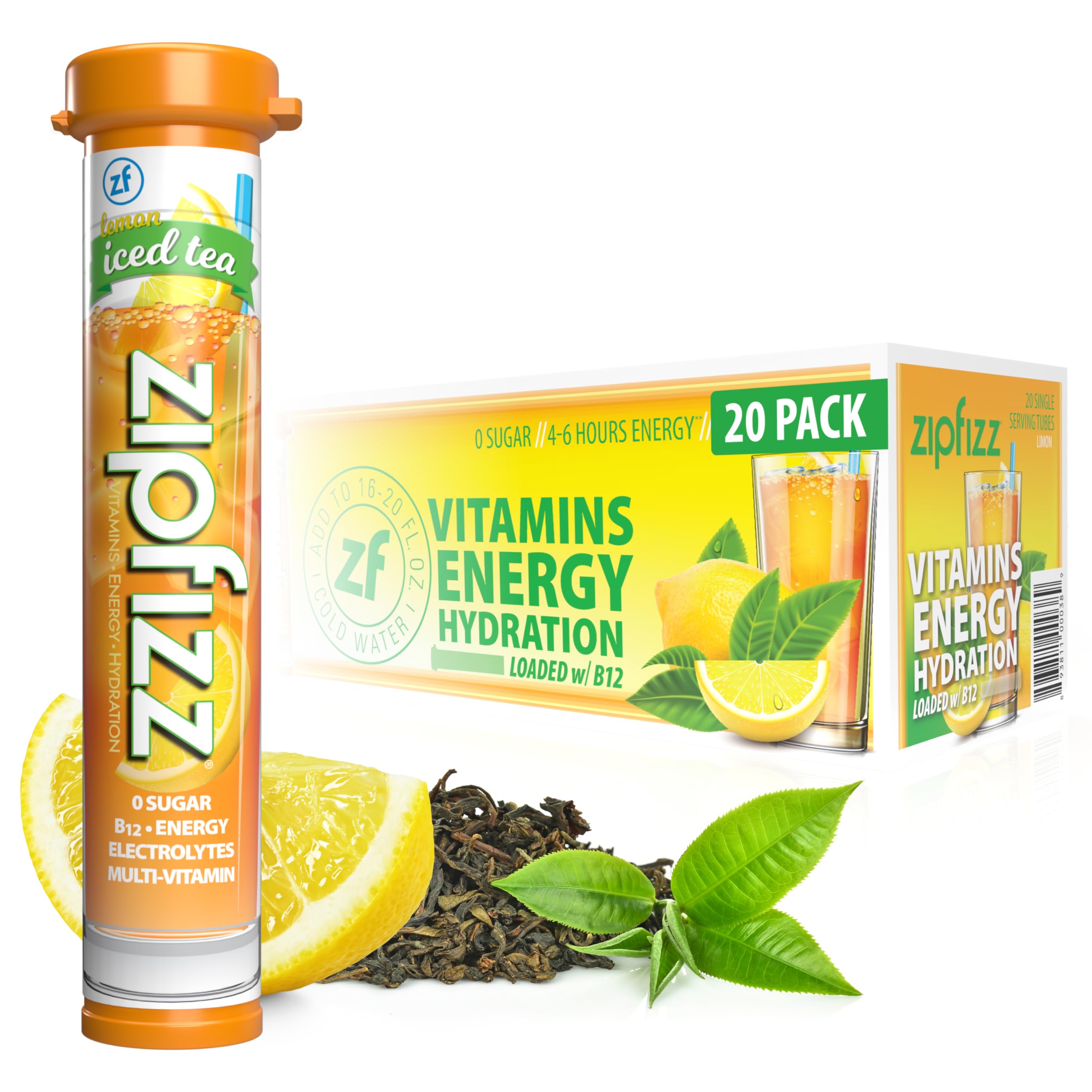 Zipfizz frente del empaque mostrando 20 sobres y sabor lemon iced tea para conveniencia