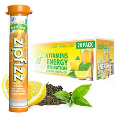 Zipfizz frente del empaque mostrando 20 sobres y sabor lemon iced tea para conveniencia
