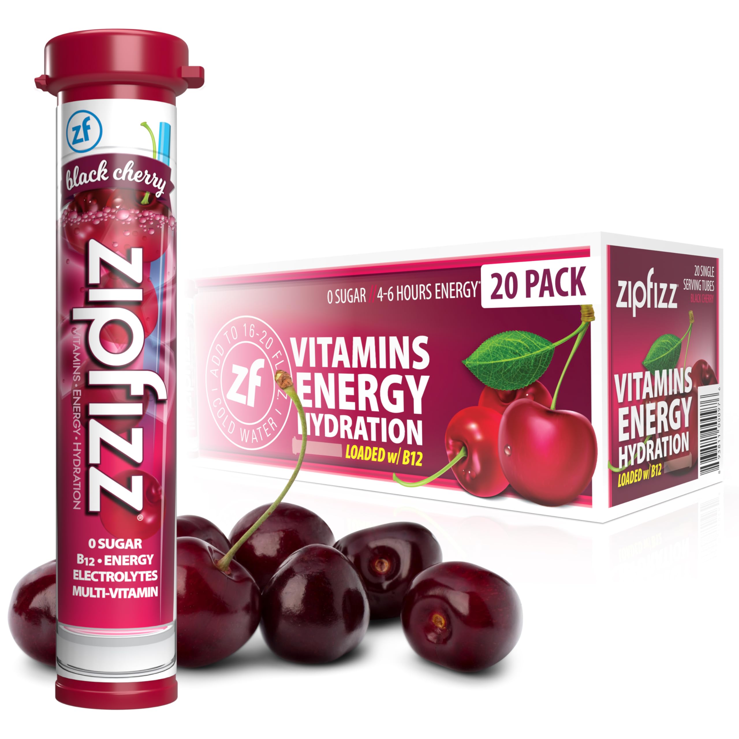 Zipfizz frente del paquete Black Cherry mostrando 20 sobres y beneficios