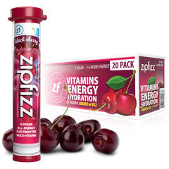 Zipfizz frente del paquete Black Cherry mostrando 20 sobres y beneficios