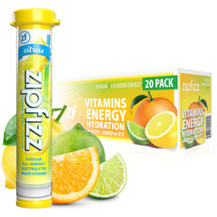 Zipfizz front pack showing 20 citrus tubes and branding, clear portable energy